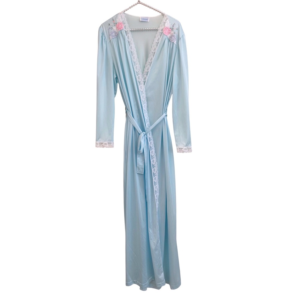 Vtg 70s Lorraine Baby Blue Antron III Nylon Lace Robe NWOT Pastel Coquette Large